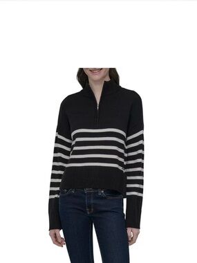Dkny Black and White Striped Half-Zip Turtleneck Sweater